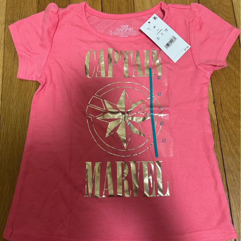 Marvel Girls Captain Marvel Pink Tee with Gold Logo